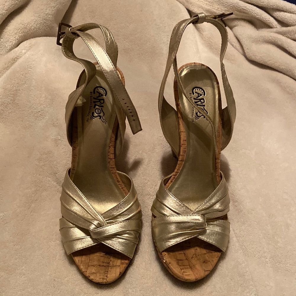 Carlos Santana gold wedges shoes cork heel